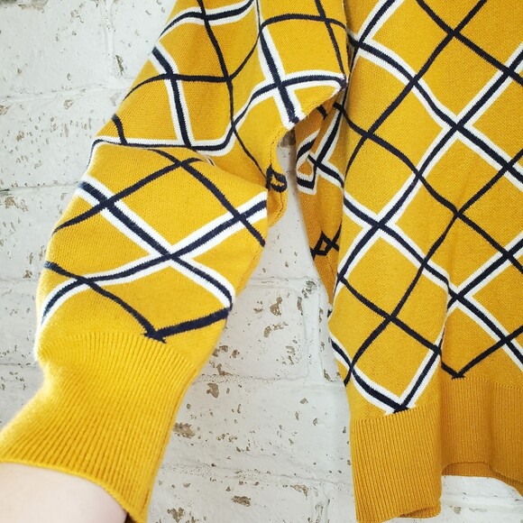 Tahari Crew Neck Yellow Womens Sweater Argyle Long Sleeve Striped Top SZ L - Picture 3 of 11